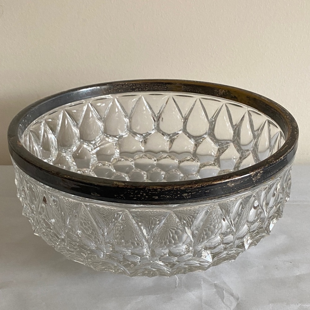 Vintage Cut Crystal Bowl Silver Plated Rim Germany Teardrop Pattern 8.5” X 3.75”